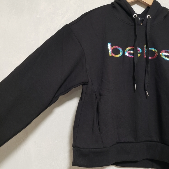 Bebe Sport Rainbow Iridescent Sequin Logo Black Hoodie - Picture 10 of 15